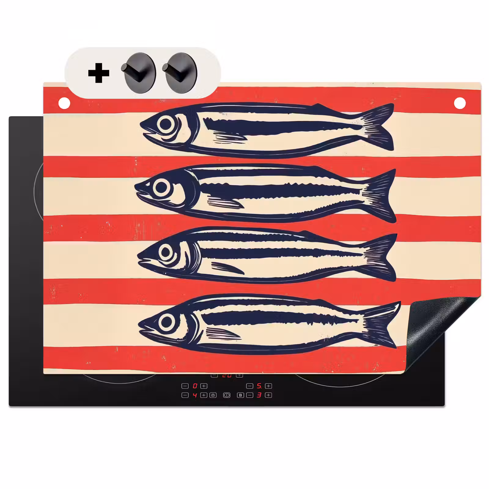Inductie beschermer en spatscherm (2in1) - Sardines - Rood en beige strepen — 1