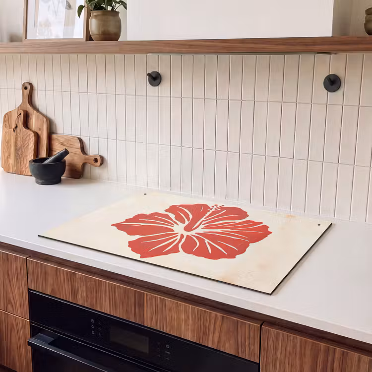 Inductie beschermer en spatscherm (2in1) - Rode hibiscusbloem - Textuur achtergrond - Beige — 3