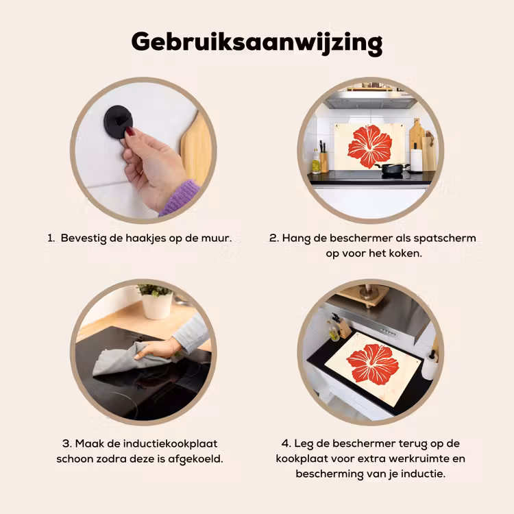 Inductie beschermer en spatscherm (2in1) - Rode hibiscusbloem - Textuur achtergrond - Beige — 6