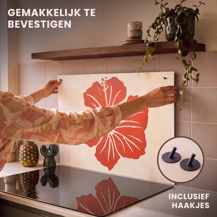 Inductie beschermer en spatscherm (2in1) - Rode hibiscusbloem - Textuur achtergrond - Beige — 7