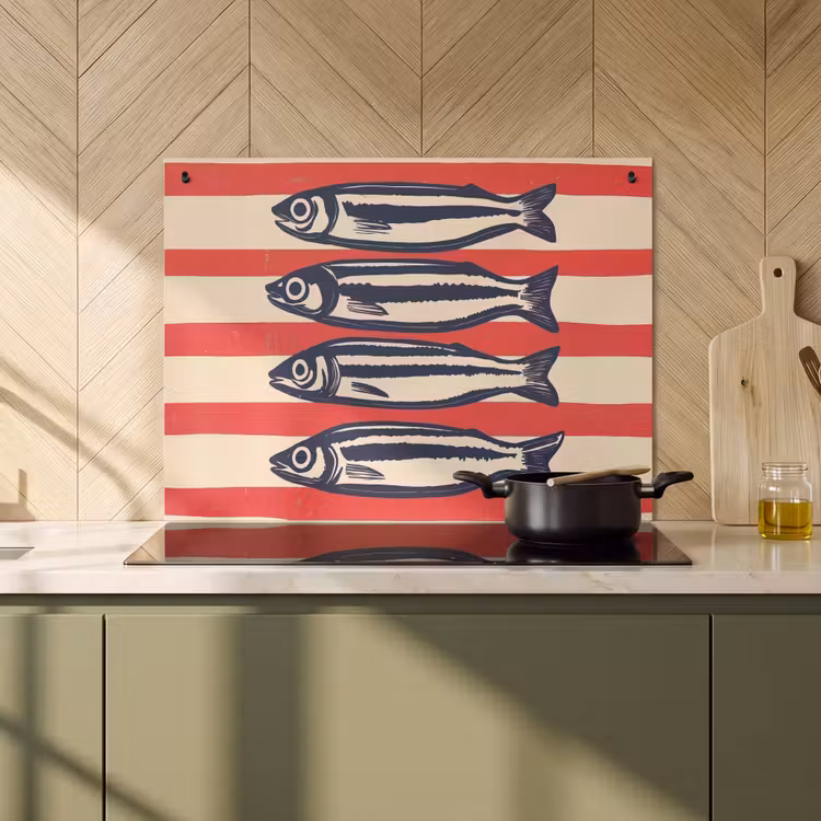 Inductie beschermer en spatscherm (2in1) - Sardines - Rood en beige strepen — 2