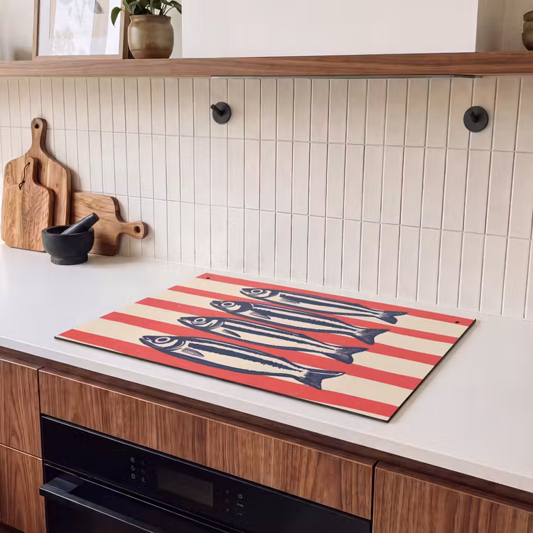 Inductie beschermer en spatscherm (2in1) - Sardines - Rood en beige strepen — 3