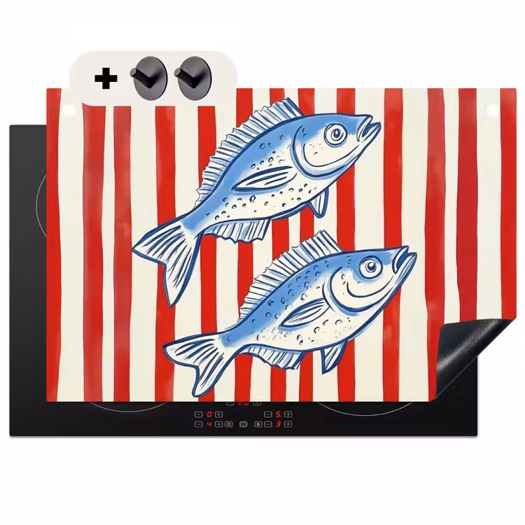 Inductie beschermer en spatscherm (2in1) - Vissen - Verticale strepen - Blauw - Rood — 1