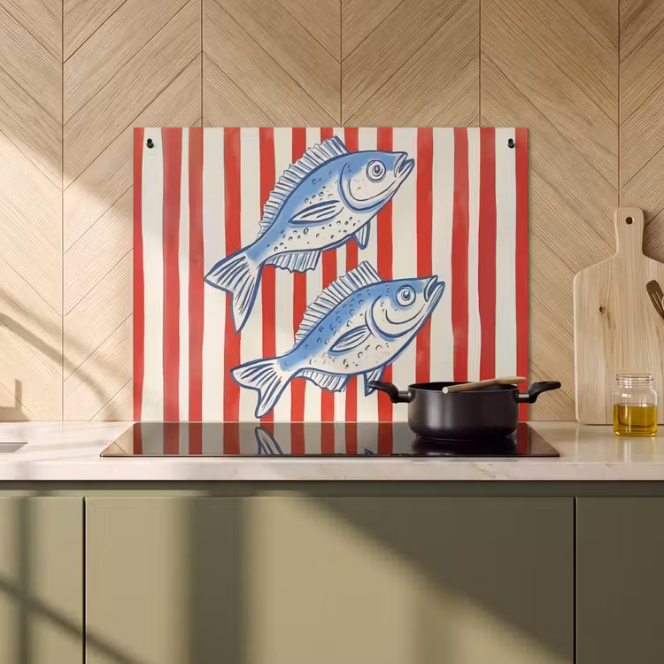 Inductie beschermer en spatscherm (2in1) - Vissen - Verticale strepen - Blauw - Rood — 2