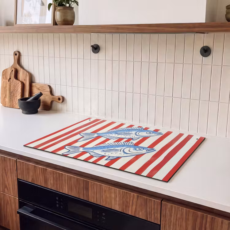 Inductie beschermer en spatscherm (2in1) - Vissen - Verticale strepen - Blauw - Rood — 3