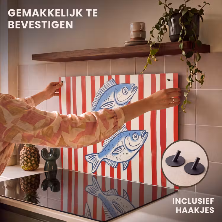 Inductie beschermer en spatscherm (2in1) - Vissen - Verticale strepen - Blauw - Rood — 7