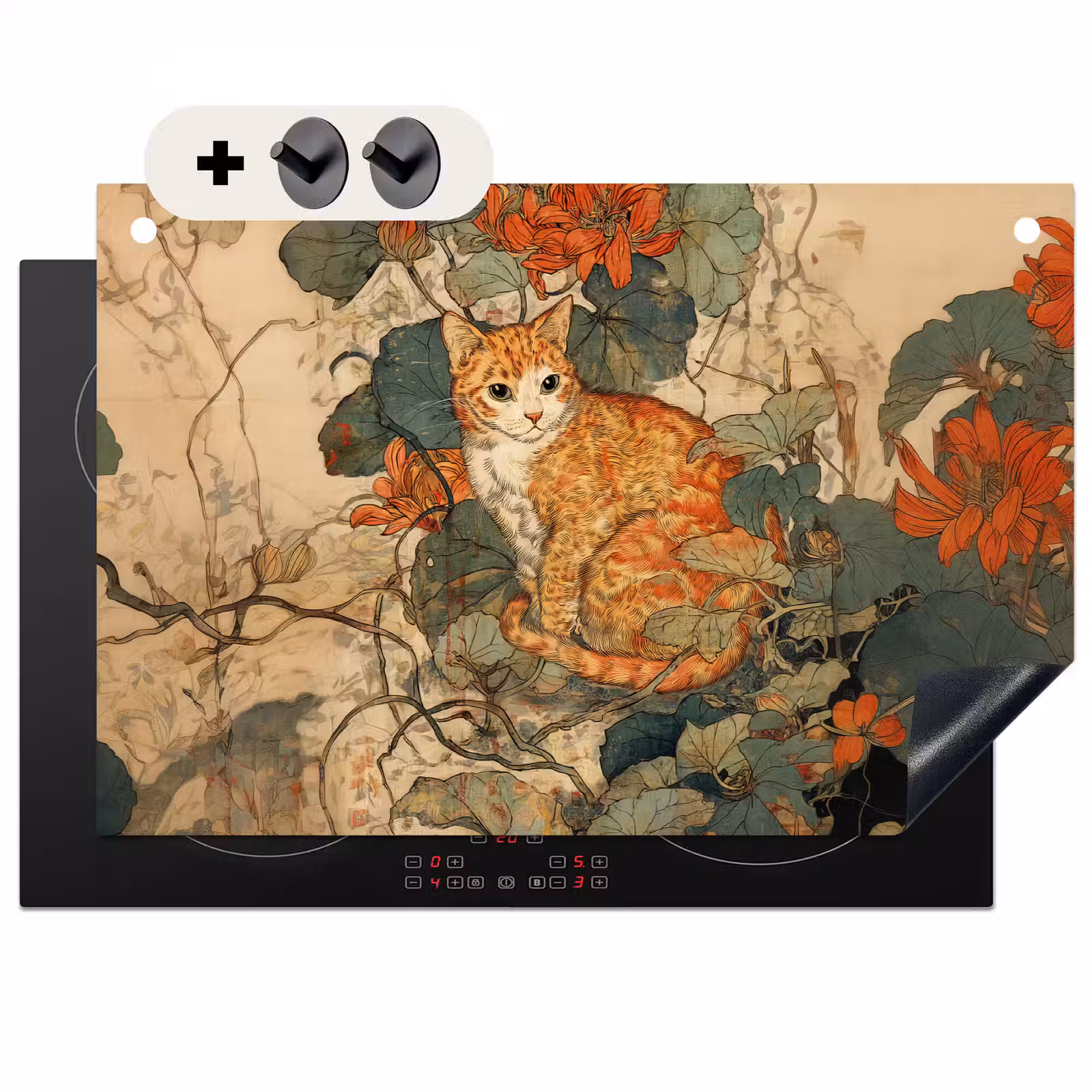 Inductie beschermer en spatscherm (2in1) - Kat - Sierlijk - Bloemen — 1