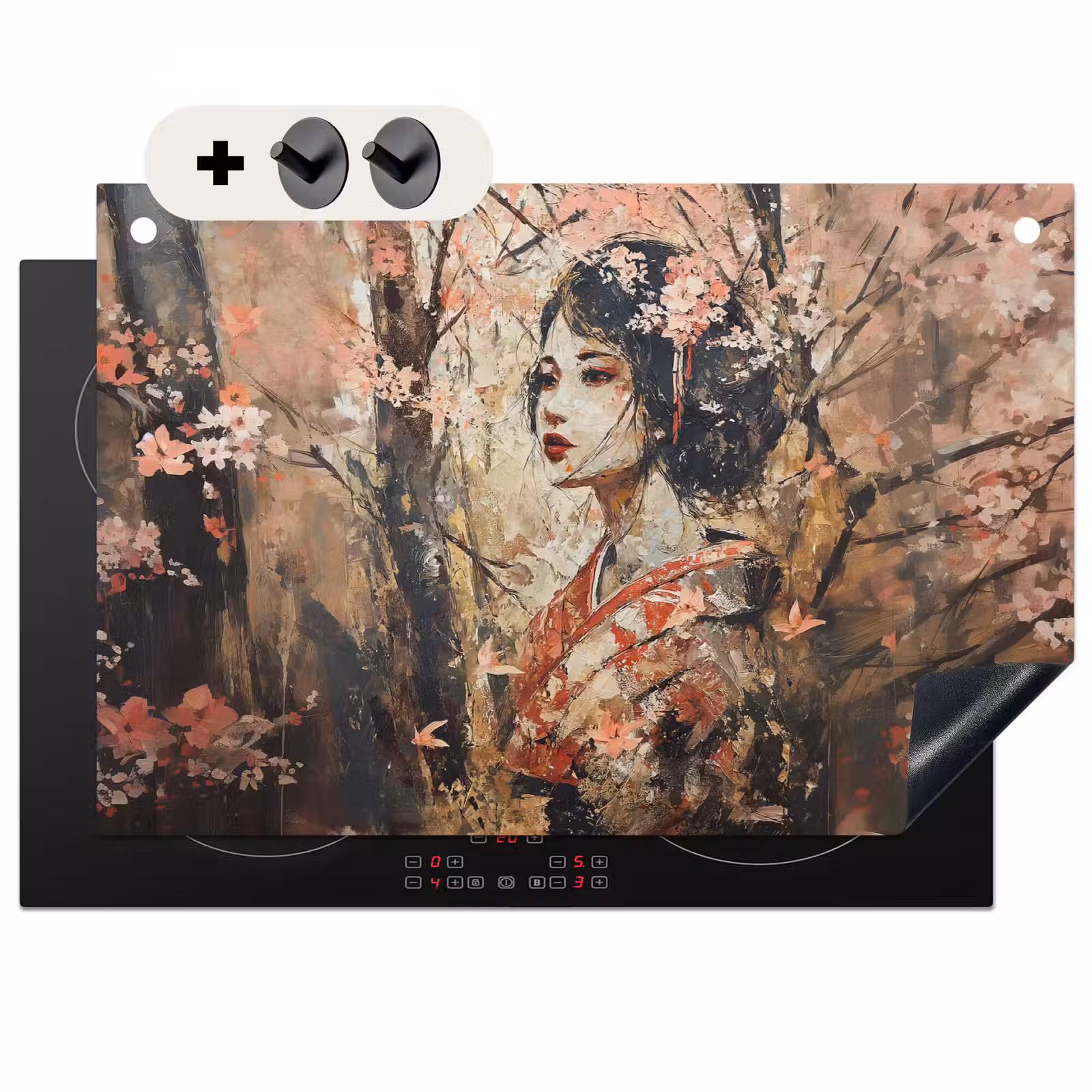 Inductie beschermer en spatscherm (2in1) - Kimono - Vrouw - kersenbomen — 1