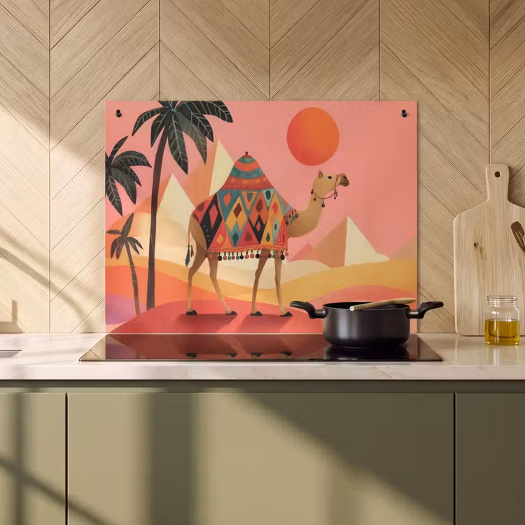 Inductie beschermer en spatscherm (2in1) - Kameel - Pyramides - Rode zon — 2