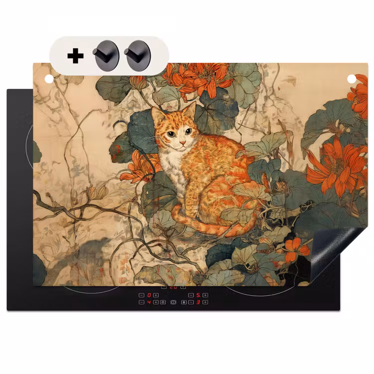 Inductie beschermer en spatscherm (2in1) - Kat - Sierlijk - Bloemen — 1