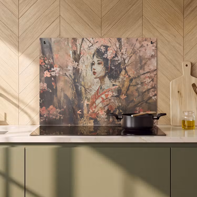 Inductie beschermer en spatscherm (2in1) - Kimono - Vrouw - kersenbomen — 2