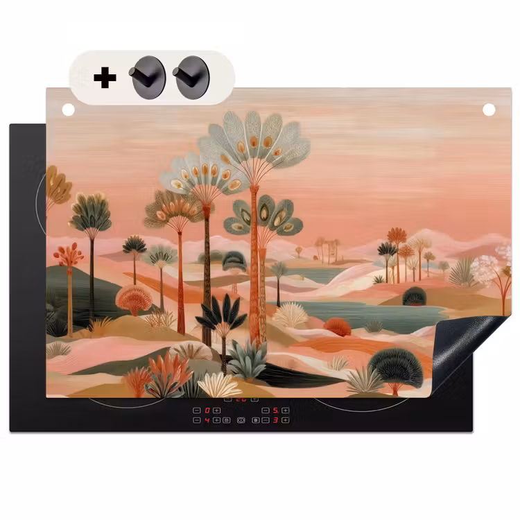 Inductie beschermer en spatscherm (2in1) - Roze landschap - Palmen - Water — 1