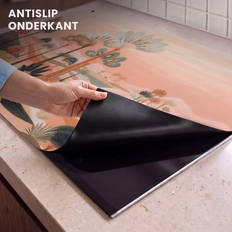 Inductie beschermer en spatscherm (2in1) - Roze landschap - Palmen - Water — 4