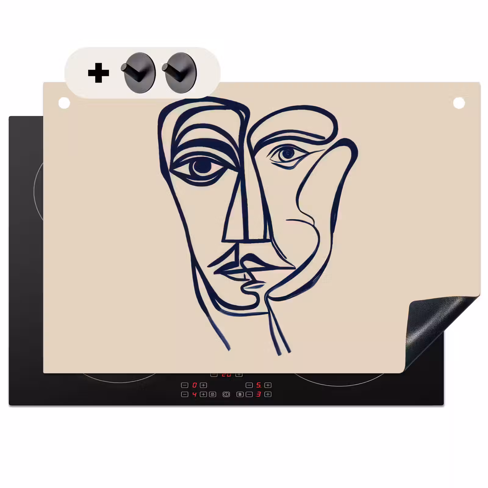 Inductie beschermer en spatscherm (2in1) - Minimalistisch - Lijnillustratie - Beige - Donkerblauw — 1
