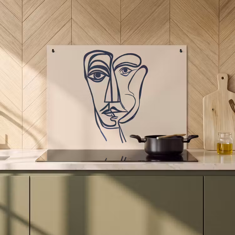 Inductie beschermer en spatscherm (2in1) - Minimalistisch - Lijnillustratie - Beige - Donkerblauw — 2