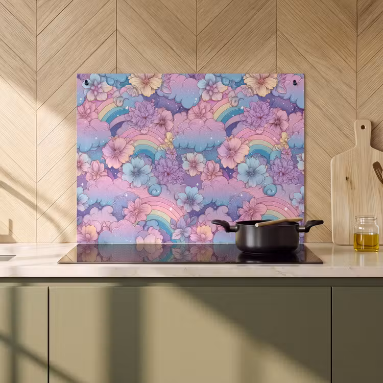 Inductie beschermer en spatscherm (2in1) - Regenbogen - Bloemen - Kleurrijk - Wolken — 2