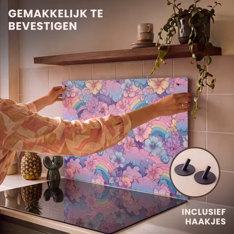 Inductie beschermer en spatscherm (2in1) - Regenbogen - Bloemen - Kleurrijk - Wolken — 7