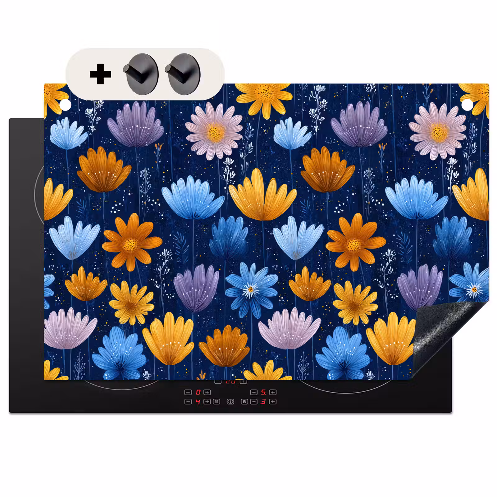 Inductie beschermer en spatscherm (2in1) - Bloemen - Patroon - Blauw - Contrast — 1