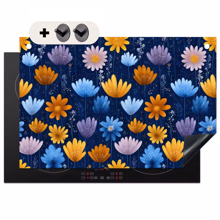Inductie beschermer en spatscherm (2in1) - Bloemen - Patroon - Blauw - Contrast — 1