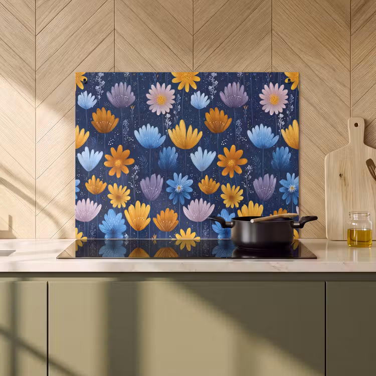 Inductie beschermer en spatscherm (2in1) - Bloemen - Patroon - Blauw - Contrast — 2