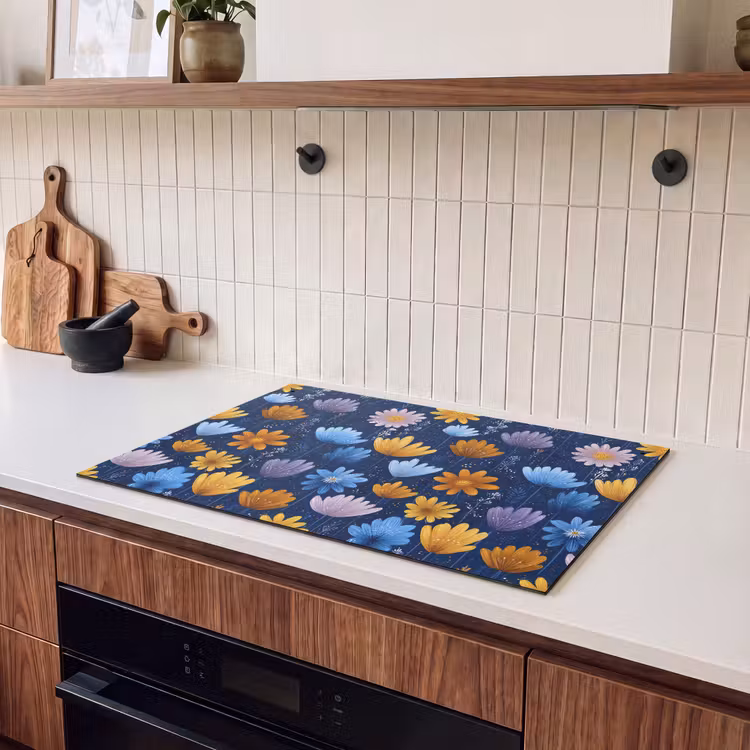 Inductie beschermer en spatscherm (2in1) - Bloemen - Patroon - Blauw - Contrast — 3