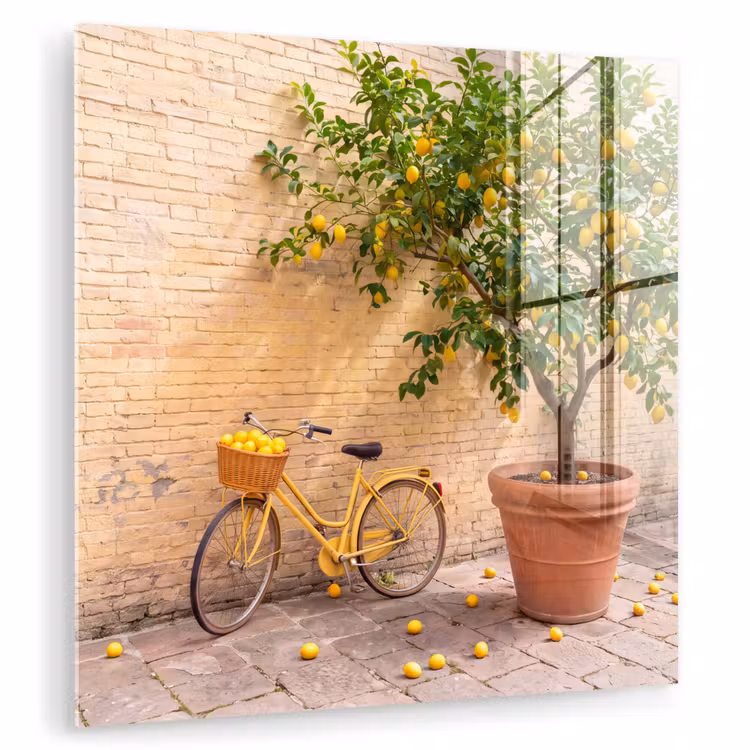 Glas schilderij - Fiets - Mand - Eten - Geel - Zomer — 1