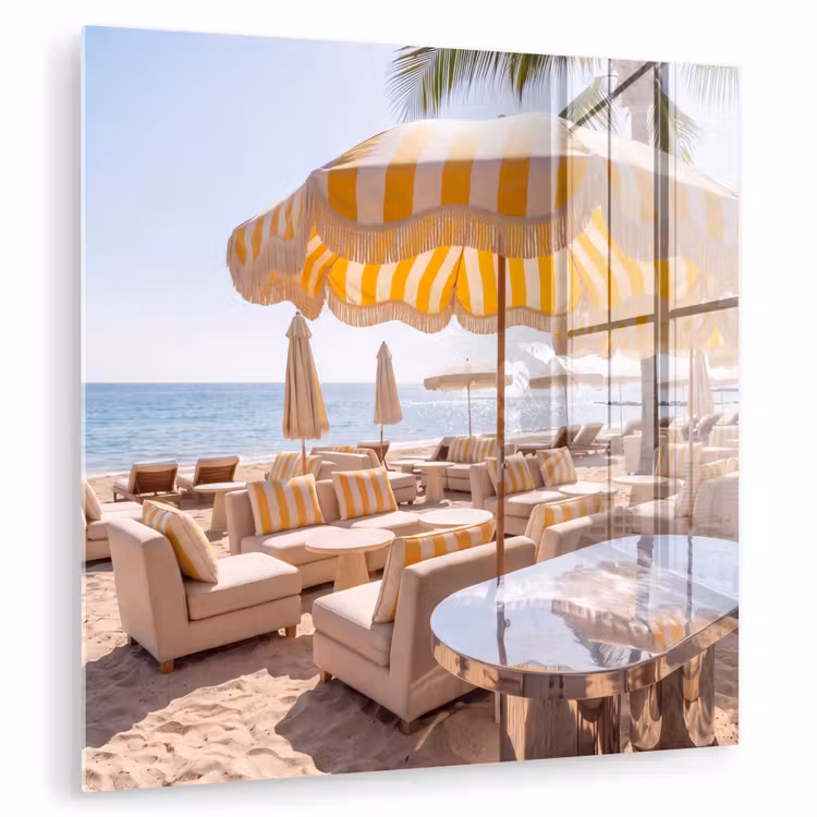 Glas schilderij - Strand - Ligbedden - Vakantie - Modern - Geel — 1