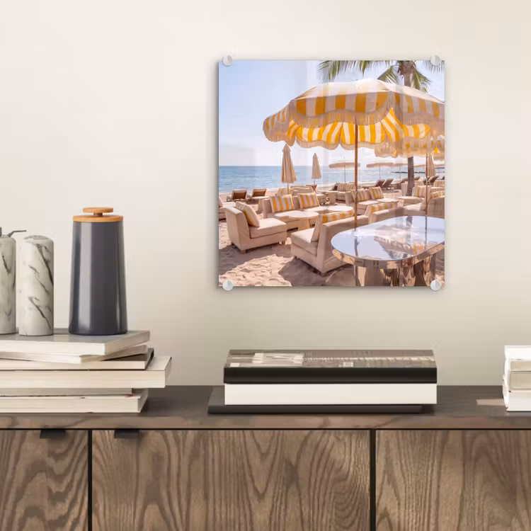 Glas schilderij - Strand - Ligbedden - Vakantie - Modern - Geel — 2