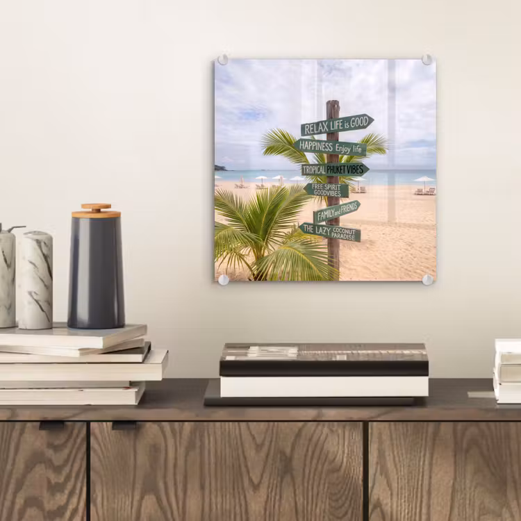 Glas schilderij - Strand - Wegwijzer - Palmen - Tropisch - Groen — 2