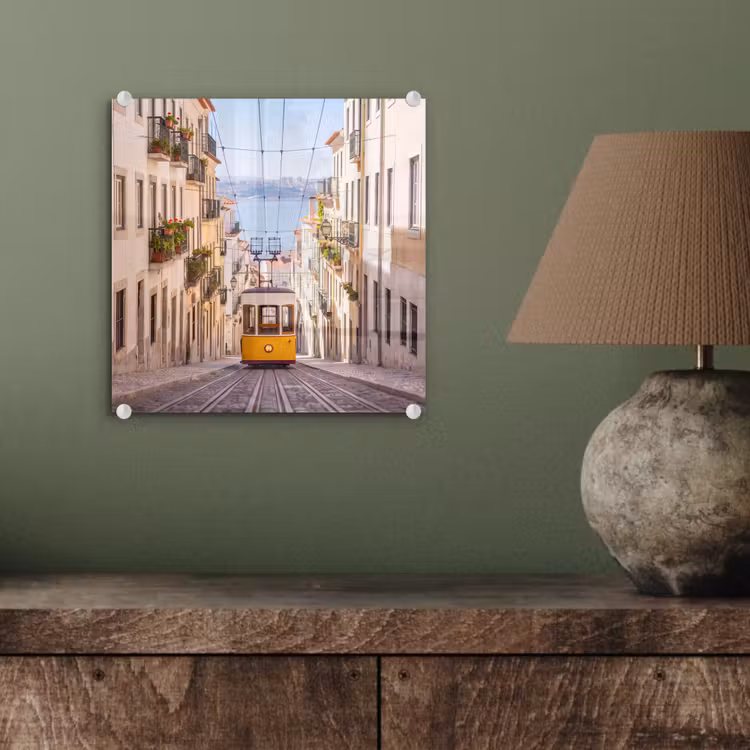 Glas schilderij - Tram - Straat - Stad - Architectuur - Geel — 4