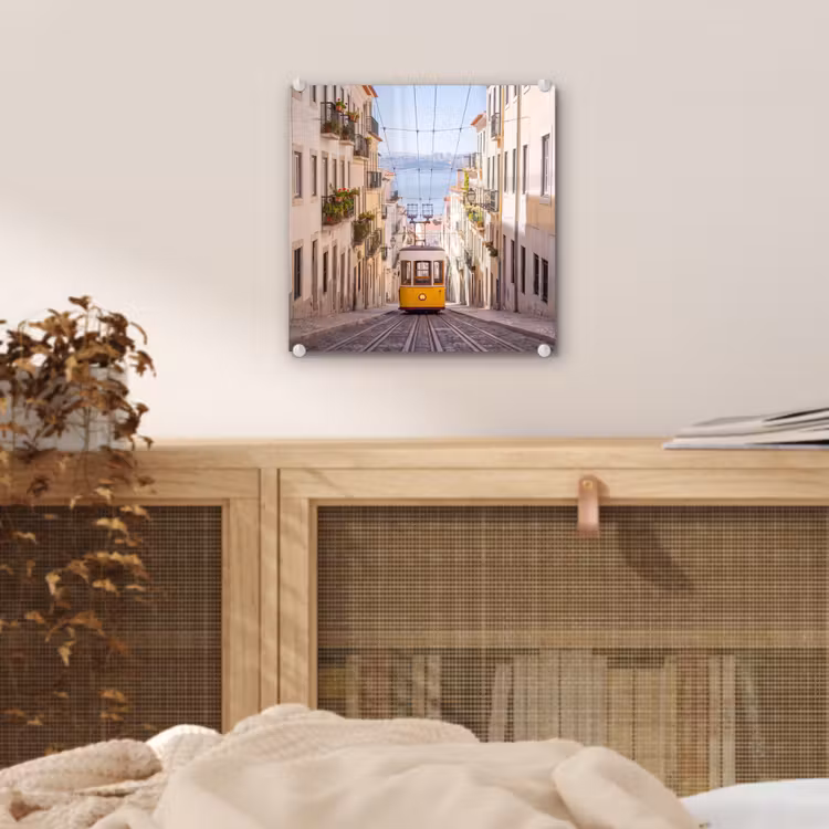 Glas schilderij - Tram - Straat - Stad - Architectuur - Geel — 5