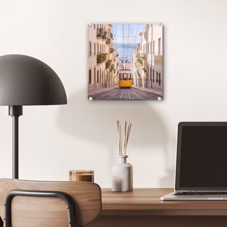 Glas schilderij - Tram - Straat - Stad - Architectuur - Geel — 7