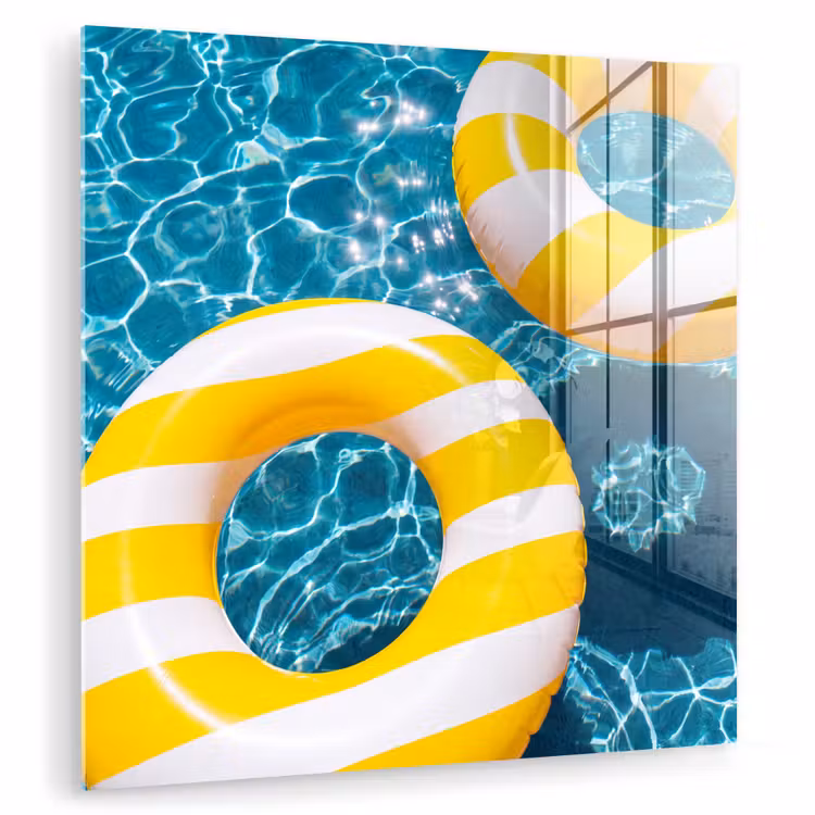 Glas schilderij - Zwembad - Zwembanden - Zomer - Geel - Blauw — 1