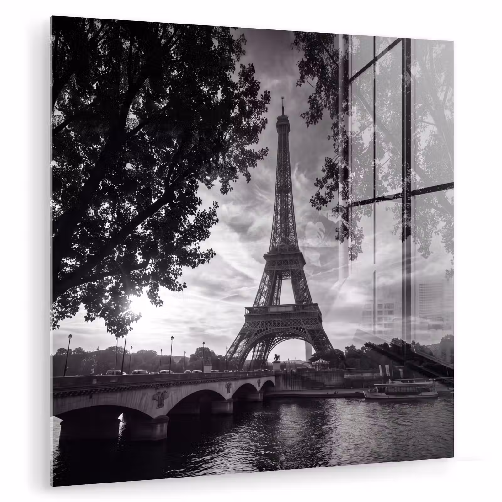 Glas schilderij - Eiffeltoren - Parijs - Rivier - Architectuur - Zwart-wit — 1