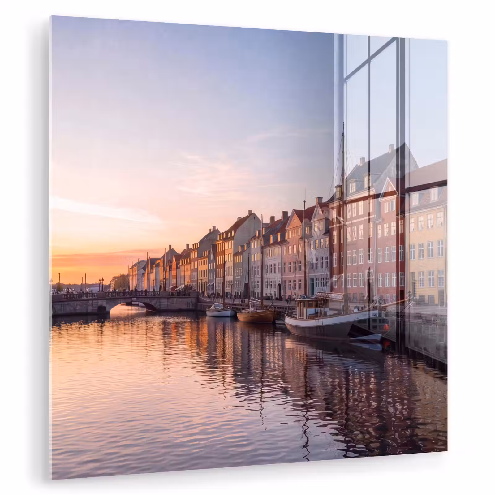 Glas schilderij - Stad - Gracht - Zonsondergang - Klassiek - Kleurrijk — 1