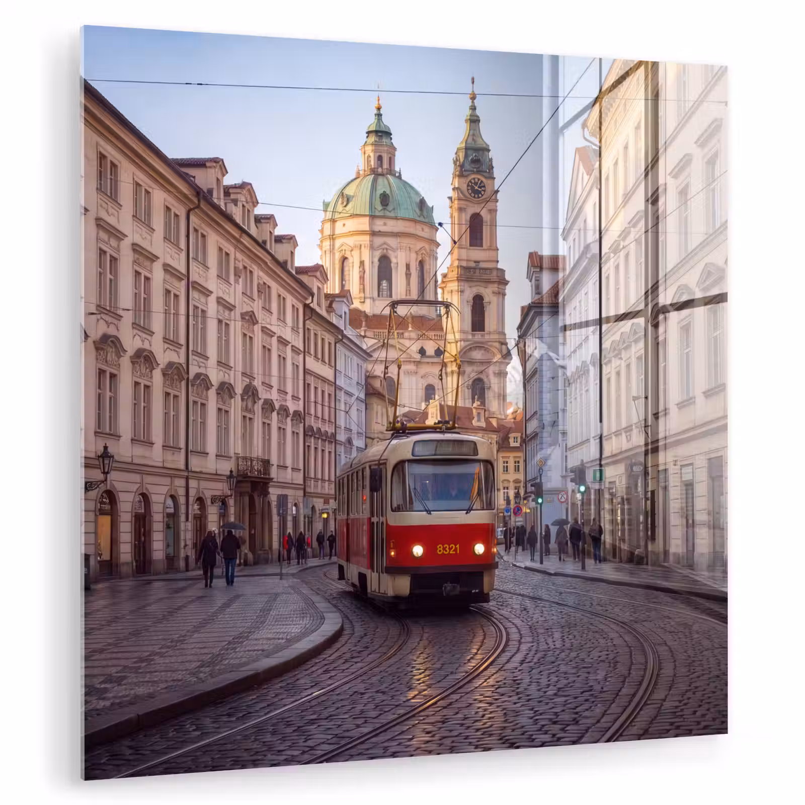 Glas schilderij - Tram - Straat - Stadsgezicht - Klassiek - Rood — 1