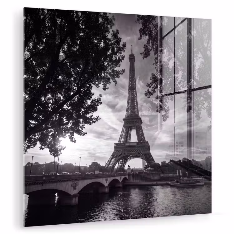 Glas schilderij - Eiffeltoren - Parijs - Rivier - Architectuur - Zwart-wit — 1