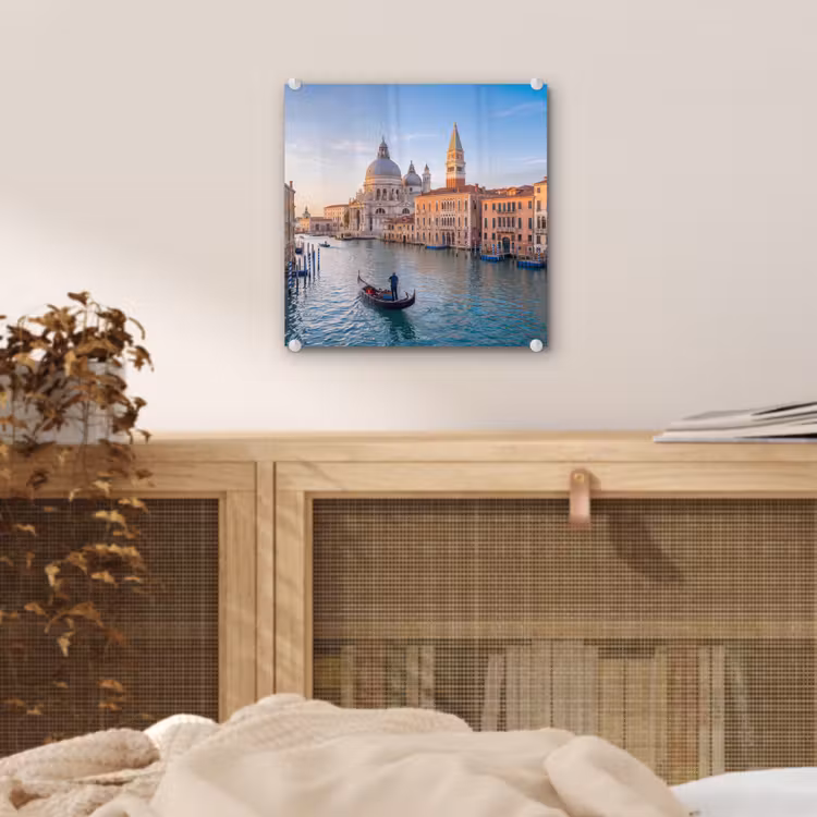 Glas schilderij - Gondel - Venetië - Kanaal - Stadsgezicht - Avondlicht — 5