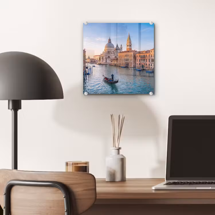 Glas schilderij - Gondel - Venetië - Kanaal - Stadsgezicht - Avondlicht — 7