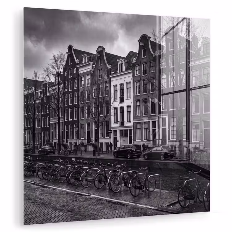 Glas schilderij - Huis - Gracht - Amsterdam - Architectuur - Zwart-wit — 1