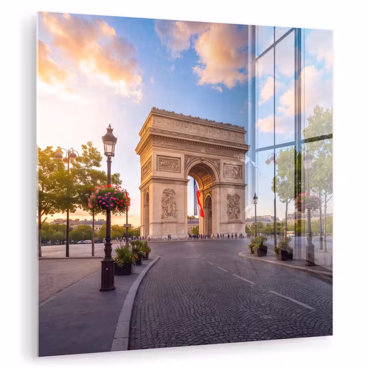 Glas schilderij - Monument - Parijs - Zonsondergang - Architectuur - Goud — 1