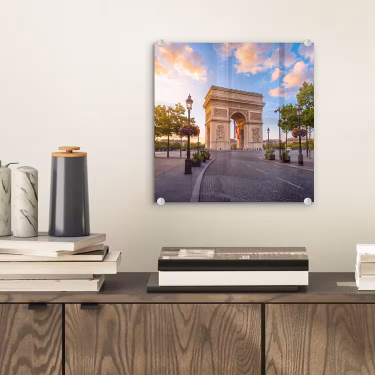 Glas schilderij - Monument - Parijs - Zonsondergang - Architectuur - Goud — 2