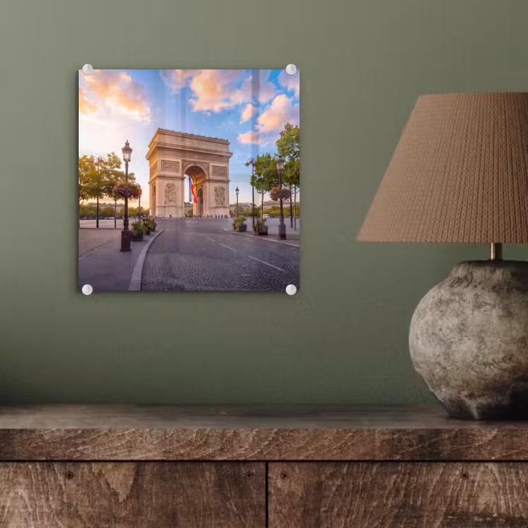 Glas schilderij - Monument - Parijs - Zonsondergang - Architectuur - Goud — 4