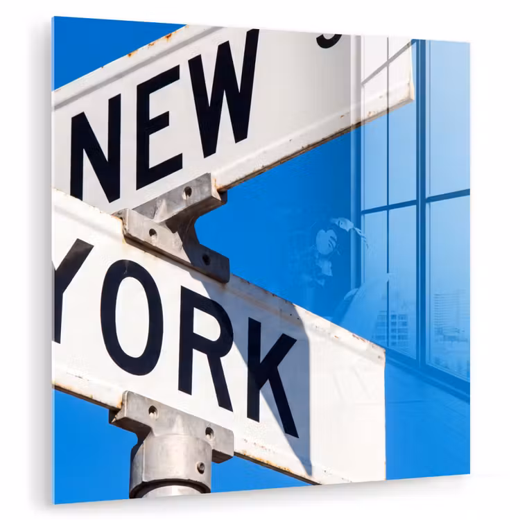 Glas schilderij - New York - Straatbord - Stad - Urban - Blauw — 1
