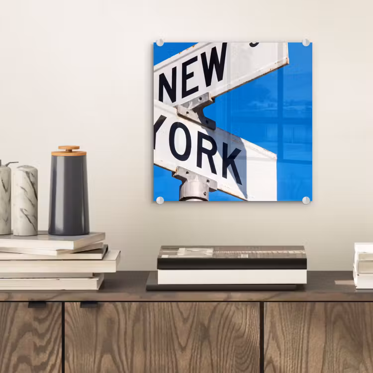 Glas schilderij - New York - Straatbord - Stad - Urban - Blauw — 2