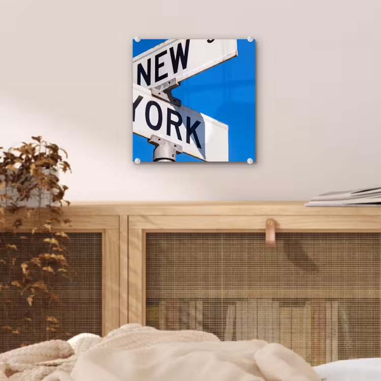 Glas schilderij - New York - Straatbord - Stad - Urban - Blauw — 5