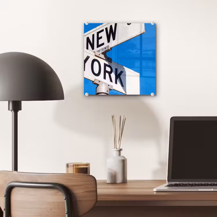Glas schilderij - New York - Straatbord - Stad - Urban - Blauw — 7