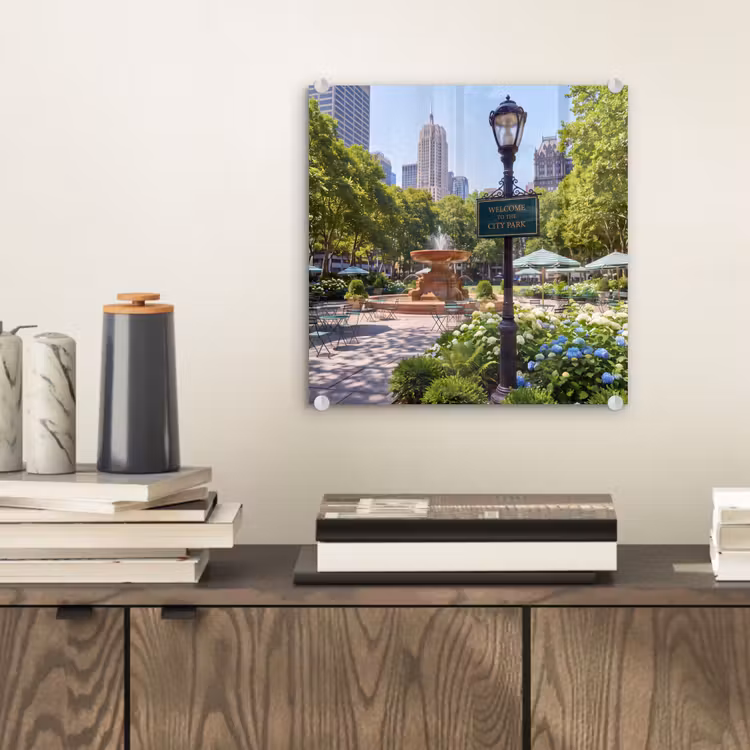 Glas schilderij - Park - Fontein - Stad - Natuur — 2