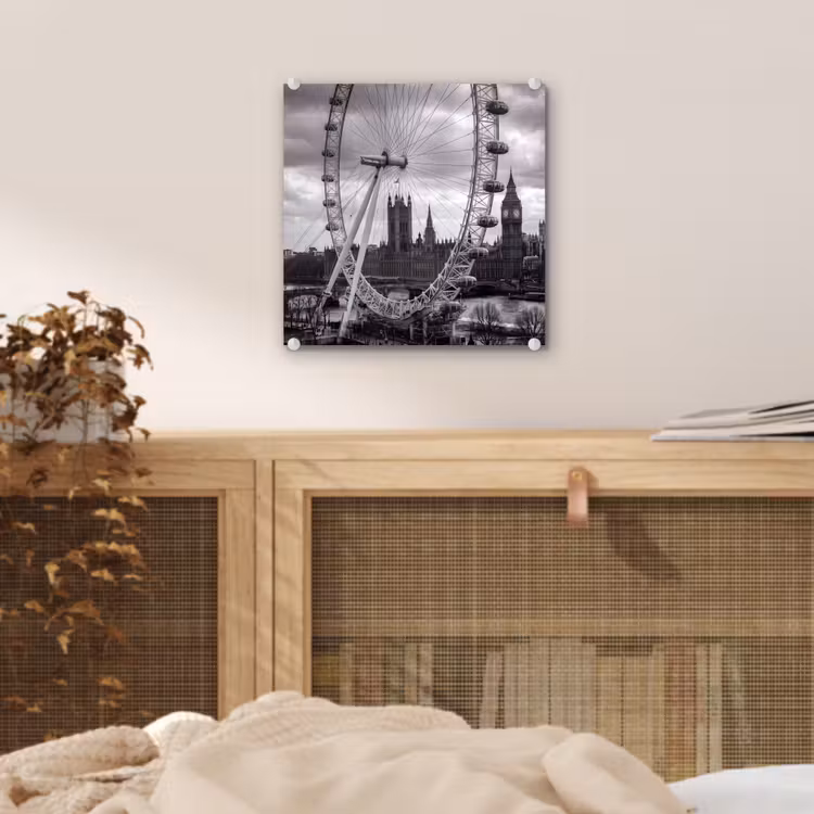 Glas schilderij - Reuzenrad - Klokkentoren - Architectuur - Zwart-wit - Stad — 5