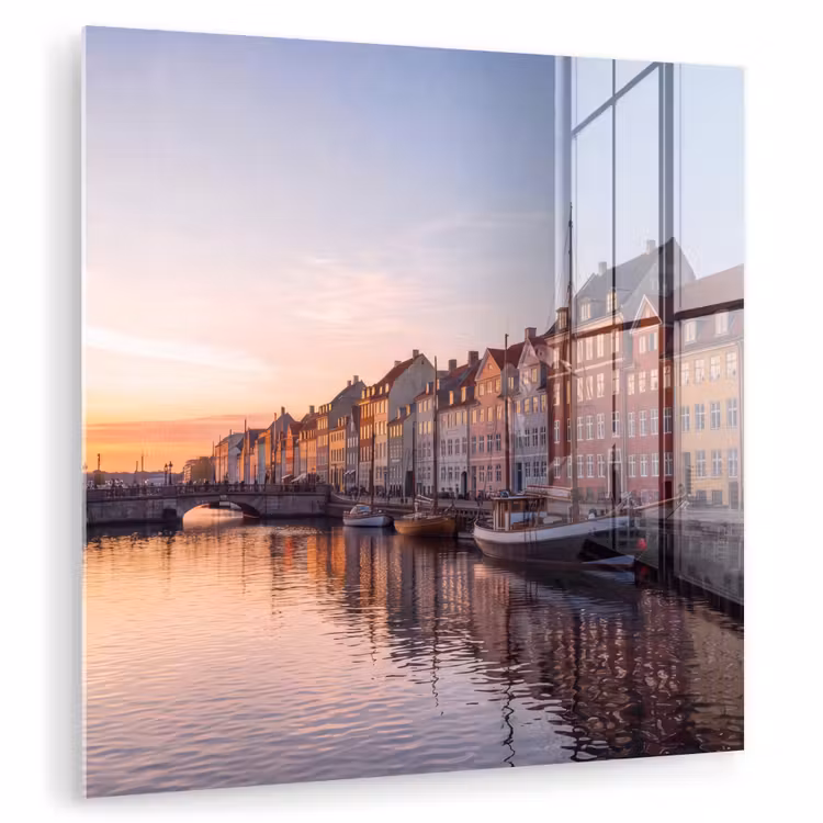 Glas schilderij - Stad - Gracht - Zonsondergang - Klassiek - Kleurrijk — 1